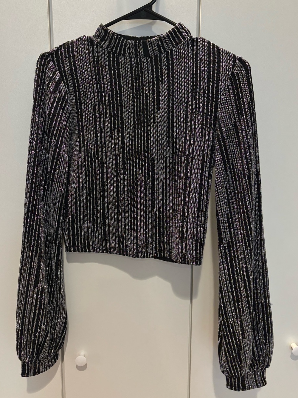Black and Silver Metallic Ribbed Long-Sleeve Knit Top